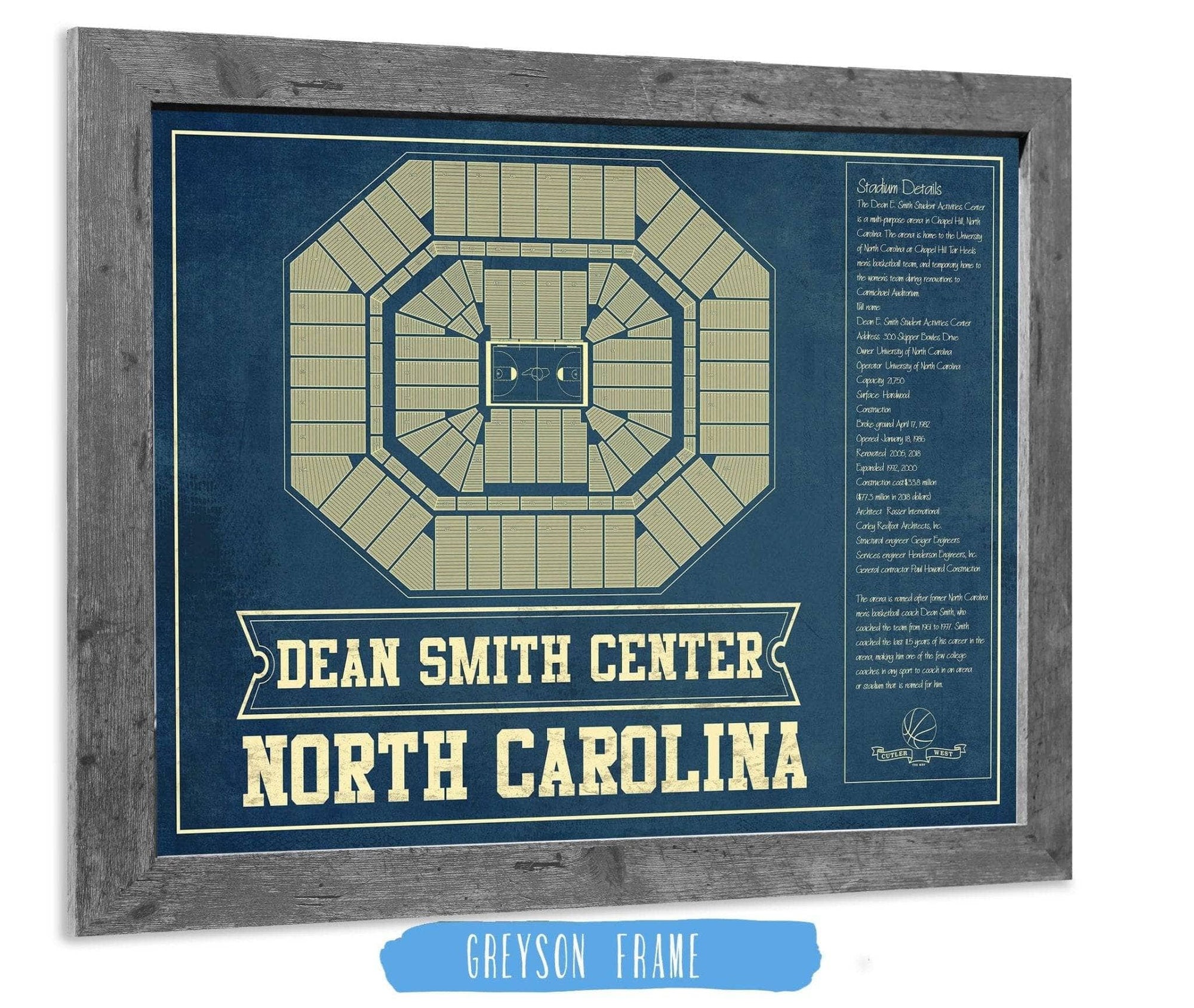 Cutler West 14" x 11" / Greyson Frame Dean E. Smith Center North Carolina Tar Heels NCAA College Basketball Blueprint Art 933350216-14"-x-11"82773