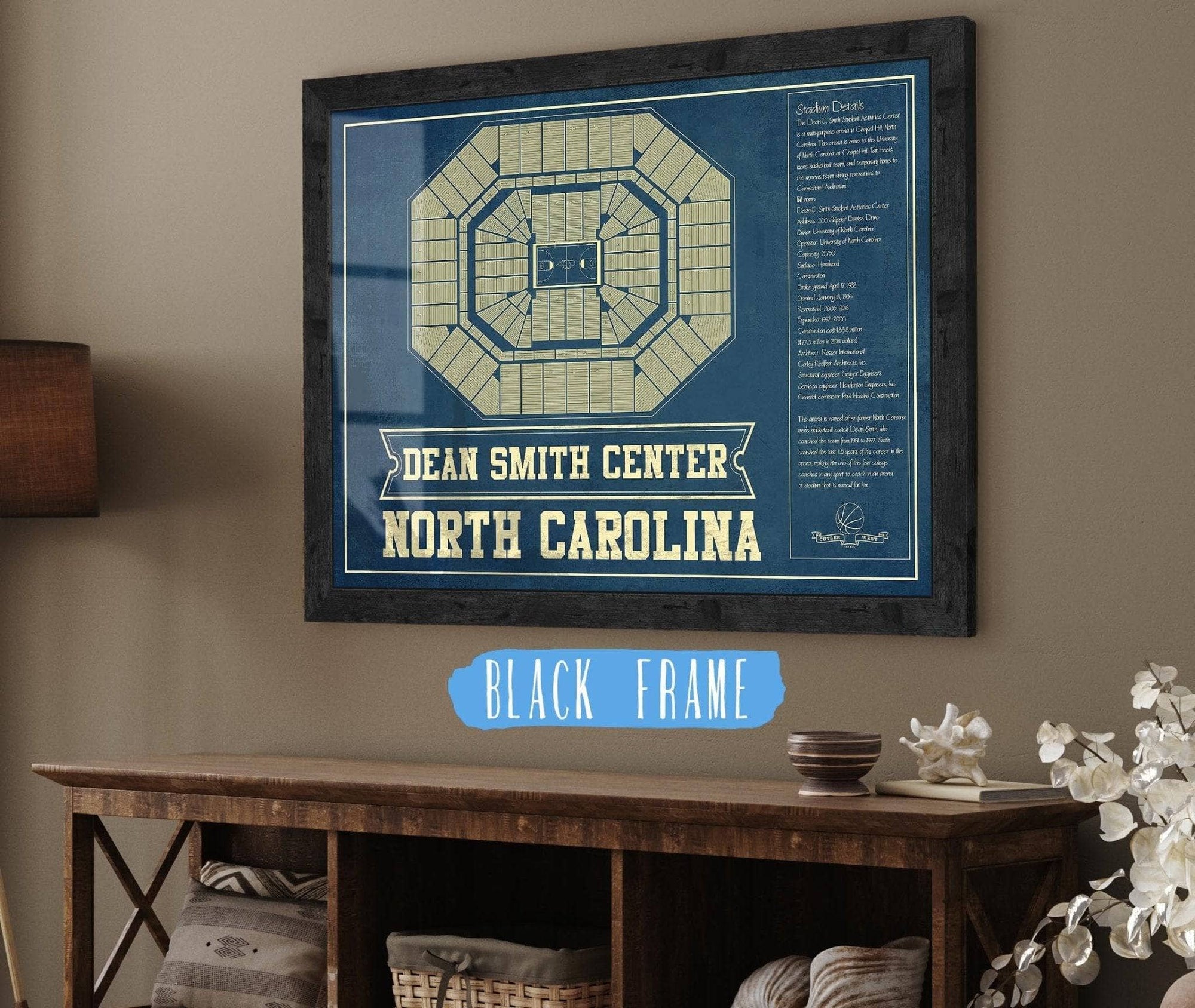Cutler West 14" x 11" / Black Frame Dean E. Smith Center North Carolina Tar Heels NCAA College Basketball Blueprint Art 933350216-14"-x-11"82767