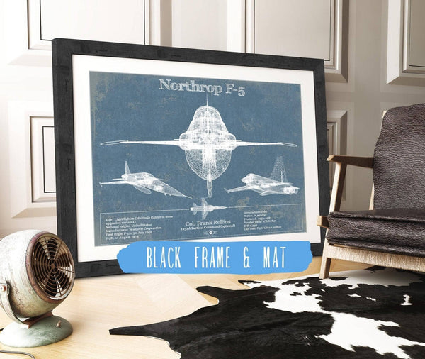 20" x 16" / Black Frame & Mat Cutler West Northrop F-5 Aircraft Blueprint Original Military Wall Art