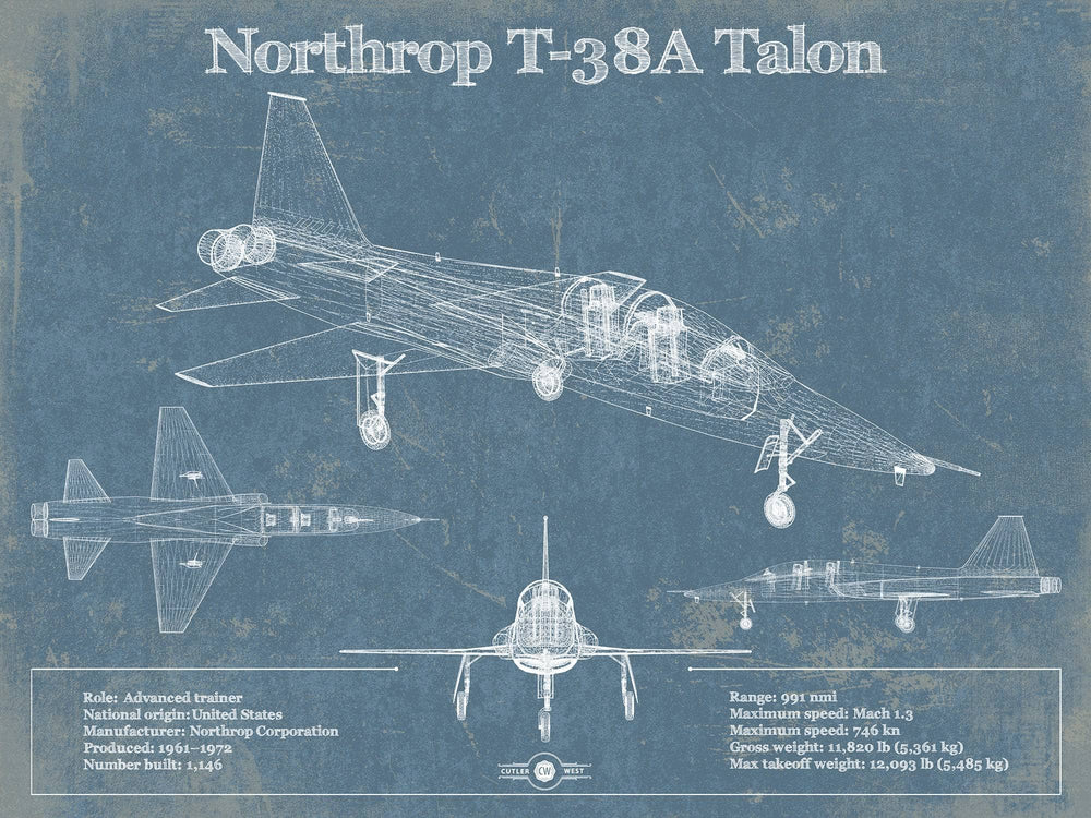 14" x 11" / Stretched Canvas Wrap Cutler West Northrop T-38A Talon Patent Blueprint Original Military Wall Art