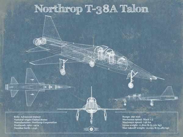14" x 11" / Unframed Cutler West Northrop T-38A Talon Patent Blueprint Original Military Wall Art