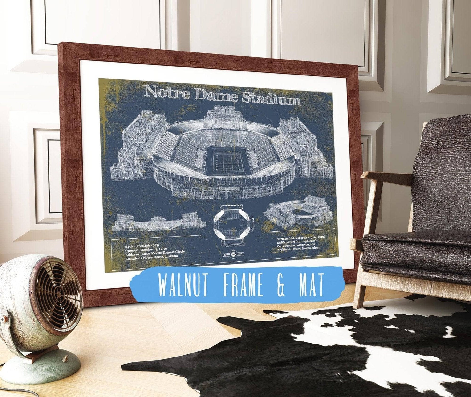 Cutler West Best Selling Collection 14" x 11" / Walnut Frame & Mat Notre Dame Stadium 2021 Version Team Color Vintage Art Print 706602978_70827