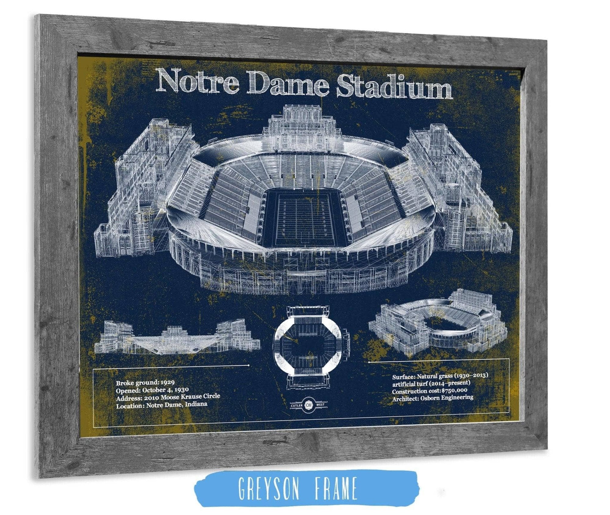 Cutler West Best Selling Collection 14" x 11" / Greyson Frame Notre Dame Stadium 2021 Version Team Color Vintage Art Print 706602978_70830