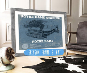 14" x 11" / Greyson Frame & Mat Cutler West Notre Dame Stadium Vintage Art Blueprint