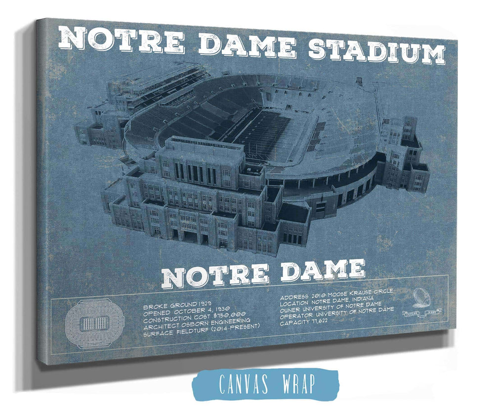 14" x 11" / Stretched Canvas Wrap Cutler West Notre Dame Stadium Vintage Art Blueprint