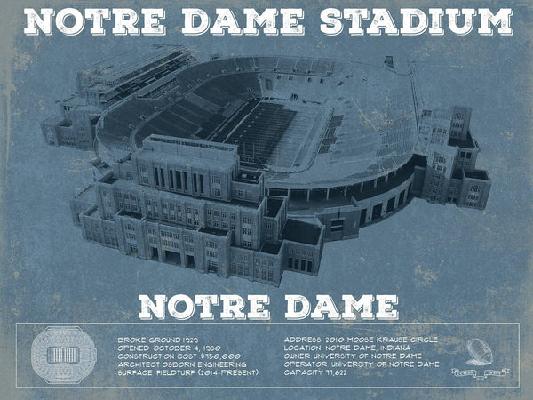 14" x 11" / Unframed Cutler West Notre Dame Stadium Vintage Art Blueprint