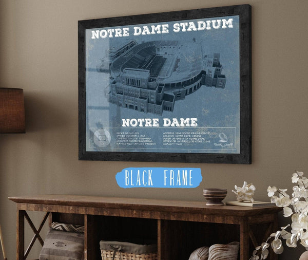 20" x 16" / Black Frame Cutler West Notre Dame Stadium Vintage Art Blueprint