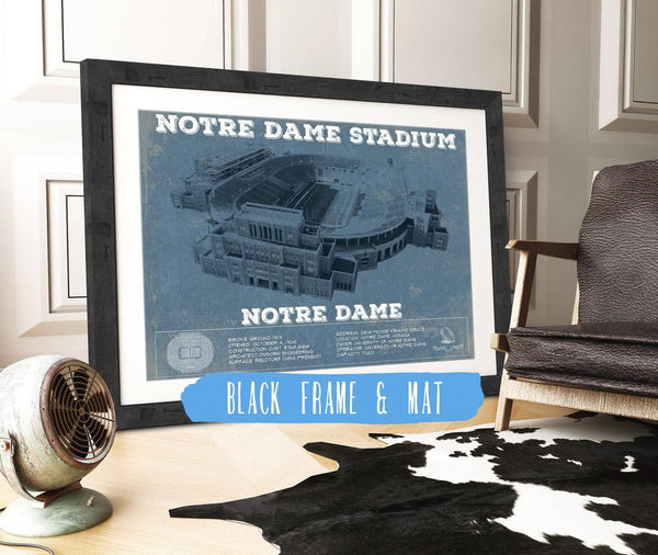 20" x 16" / Black Frame & Mat Cutler West Notre Dame Stadium Vintage Art Blueprint