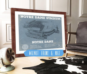 20" x 16" / Walnut Frame & Mat Cutler West Notre Dame Stadium Vintage Art Blueprint
