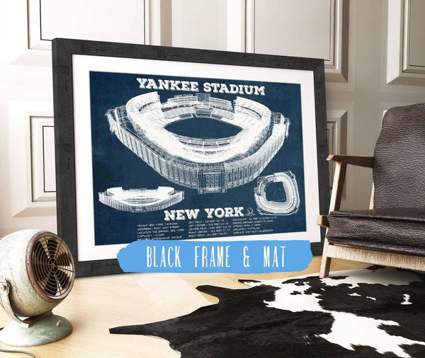 20" x 16" / Black Frame & Mat Cutler West NY Yankees - Vintage Yankee Stadium Blueprint Baseball Art Print
