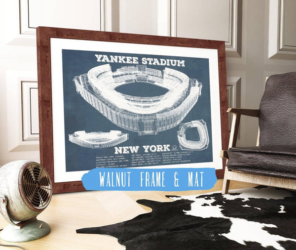 20" x 16" / Walnut Frame & Mat Cutler West NY Yankees - Vintage Yankee Stadium Blueprint Baseball Art Print
