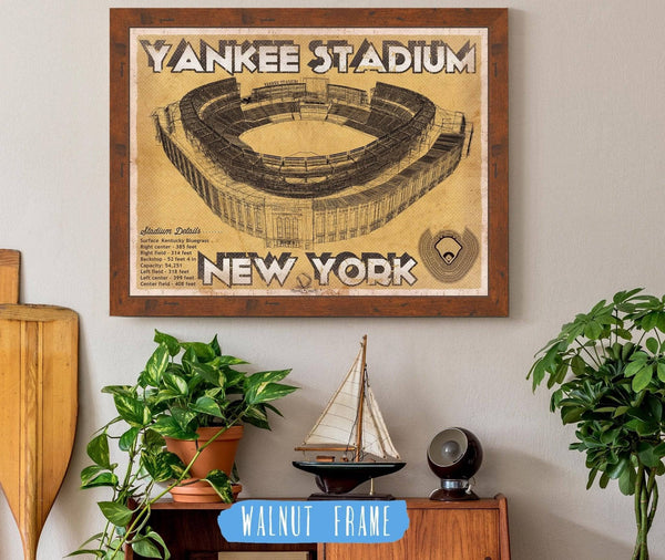 20" x 16" / Walnut Frame Cutler West NY Yankees - Vintage Yankee Stadium Blueprint Baseball Print