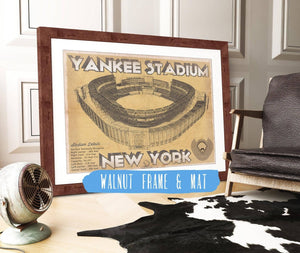 20" x 16" / Walnut Frame & Mat Cutler West NY Yankees - Vintage Yankee Stadium Blueprint Baseball Print