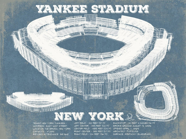 14" x 11" / Unframed Cutler West NY Yankees - Yankee Stadium Blueprint Vintage Baseball Print