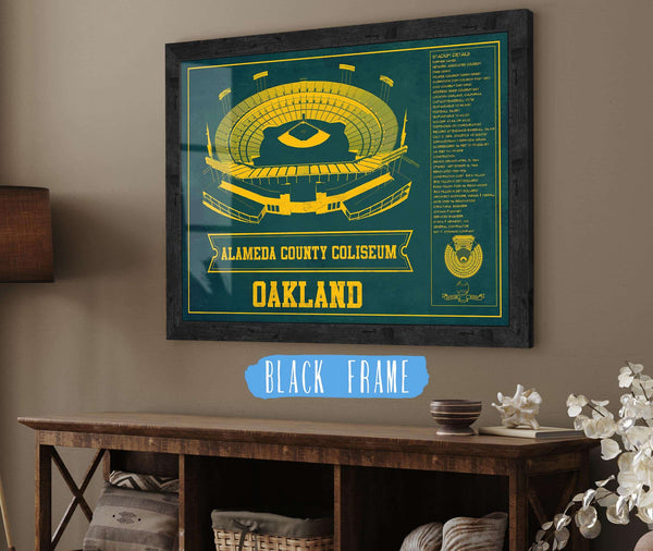 20" x 16" / Black Frame Cutler West Oakland As Alameda County Coliseum Seating Chart - Vintage Baseball Fan - Team Color Print
