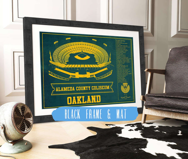 20" x 16" / Black Frame & Mat Cutler West Oakland As Alameda County Coliseum Seating Chart - Vintage Baseball Fan - Team Color Print