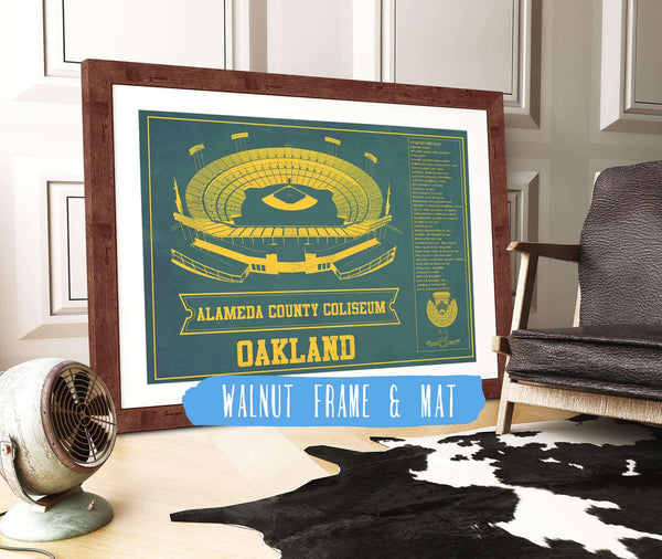 20" x 16" / Walnut Frame & Mat Cutler West Oakland As Alameda County Coliseum Seating Chart - Vintage Baseball Fan - Team Color Print