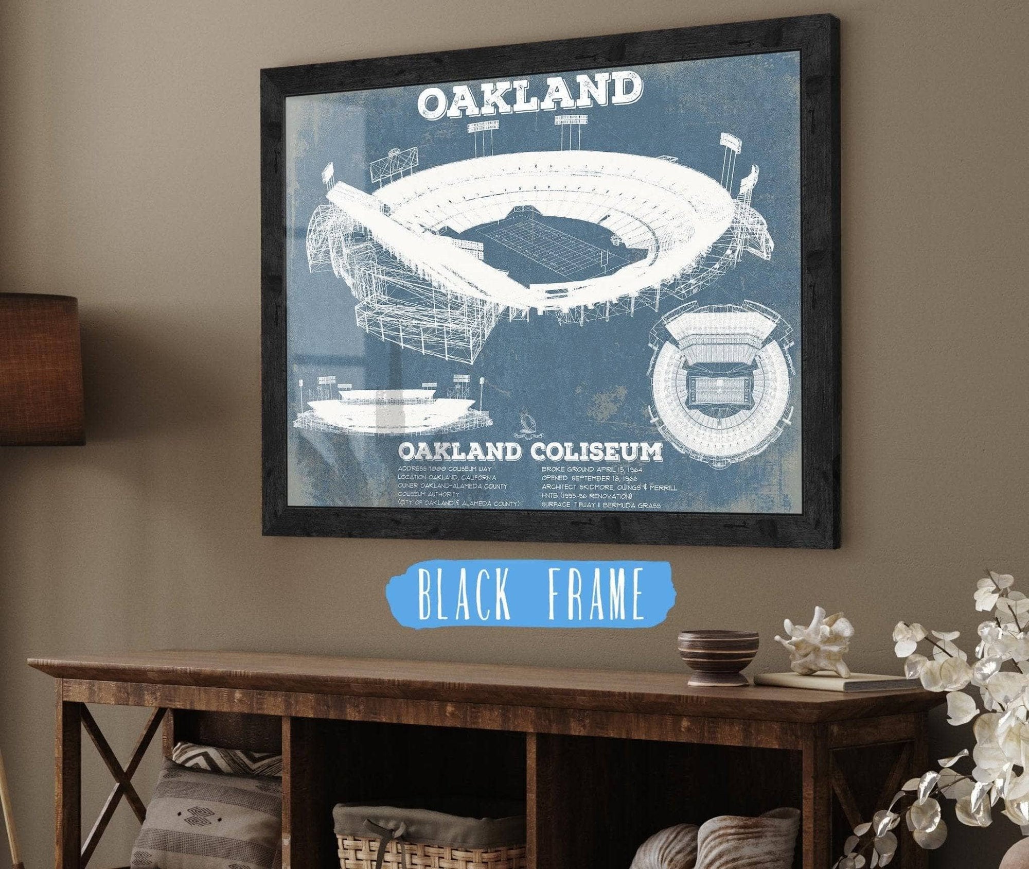 Cutler West Pro Football Collection 14" x 11" / Black Frame Oakland Raiders Oakland Coliseum NFL Vintage Football Print 933311317_70560