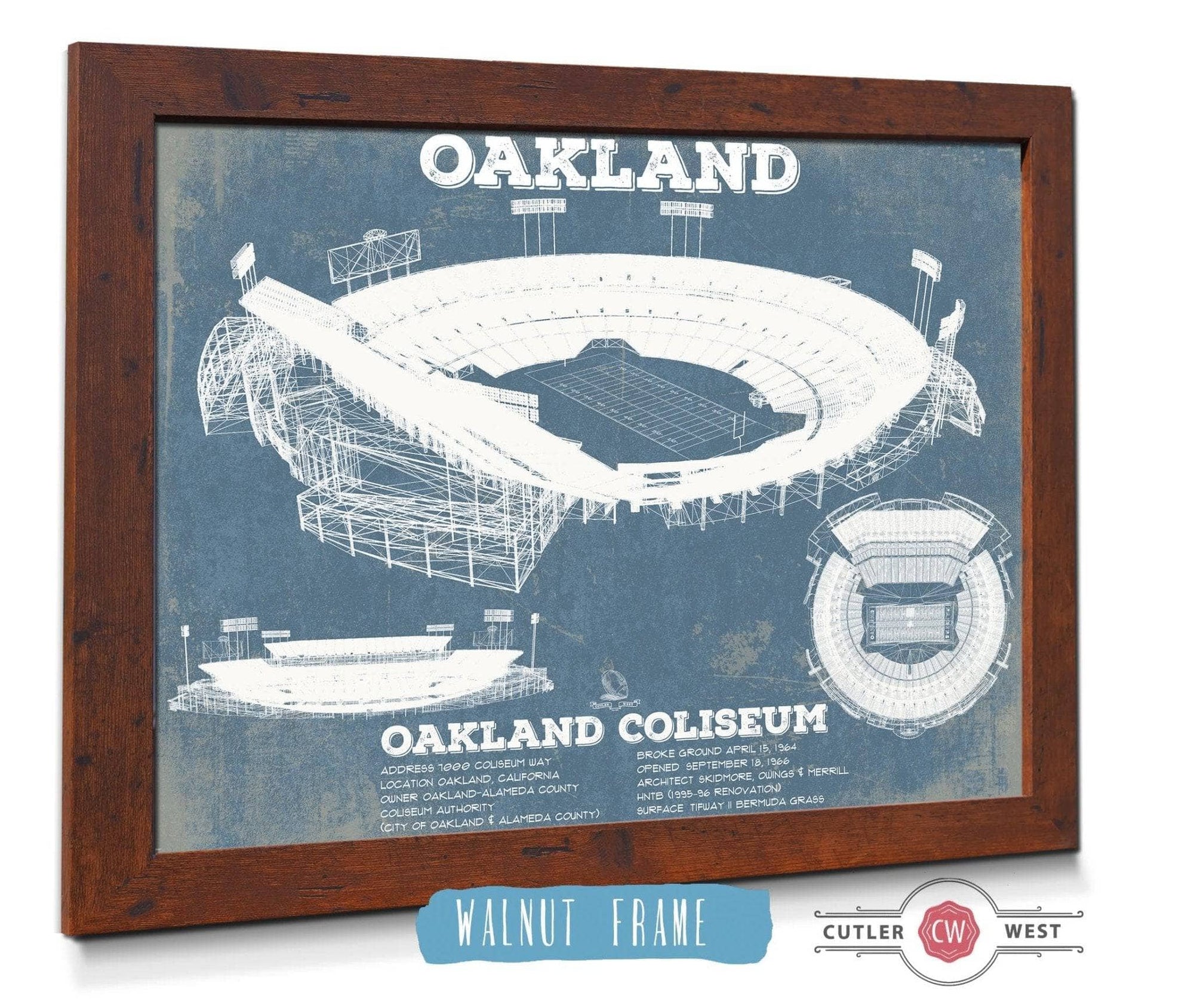 Cutler West Pro Football Collection 14" x 11" / Walnut Frame Oakland Raiders Oakland Coliseum NFL Vintage Football Print 933311317_70562
