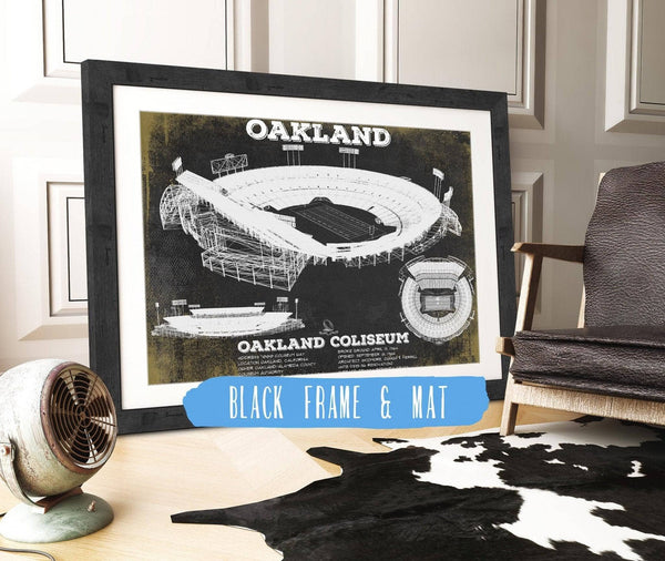 20" x 16" / Black Frame & Mat Cutler West Oakland Raiders Team Color Alameda County Coliseum Seating Chart - Vintage Football Print