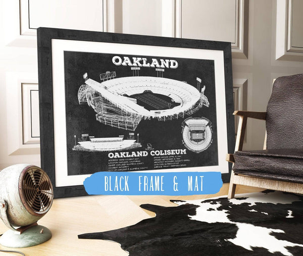 20" x 16" / Black Frame & Mat Cutler West Oakland Raiders Team Color Alameda County Coliseum Seating Chart - Vintage Football Print