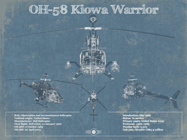 14" x 11" / Unframed Cutler West OH-58 Kiowa Warrior Helicopter Vintage Aviation Blueprint Military Print