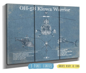 36" x 24" / 3 Panel Canvas Wrap Cutler West OH-58 Kiowa Warrior Helicopter Vintage Aviation Blueprint Military Print