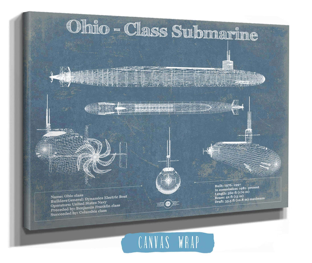 14" x 11" / Stretched Canvas Wrap Cutler West Ohio SSBN Nuclear Ballistic Missile Submarine Blueprint Patent Original Art - Customizable