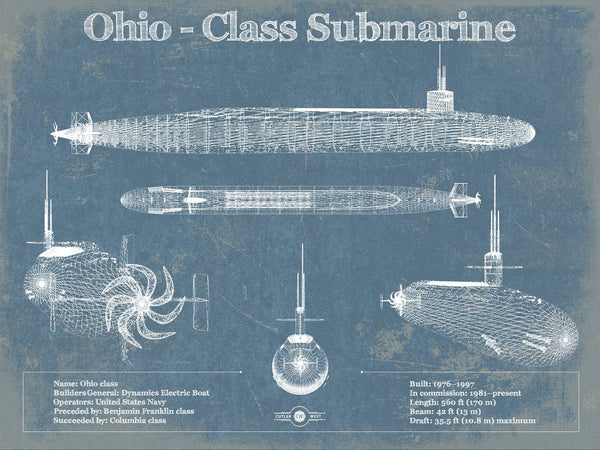 14" x 11" / Unframed Cutler West Ohio SSBN Nuclear Ballistic Missile Submarine Blueprint Patent Original Art - Customizable