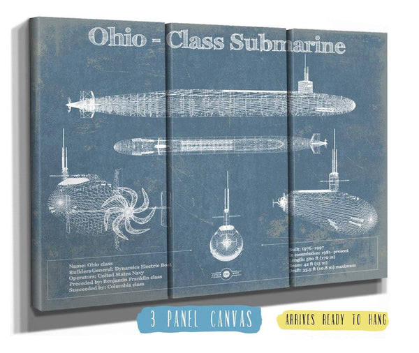 36" x 24" / 3 Panel Canvas Wrap Cutler West Ohio SSBN Nuclear Ballistic Missile Submarine Blueprint Patent Original Art - Customizable