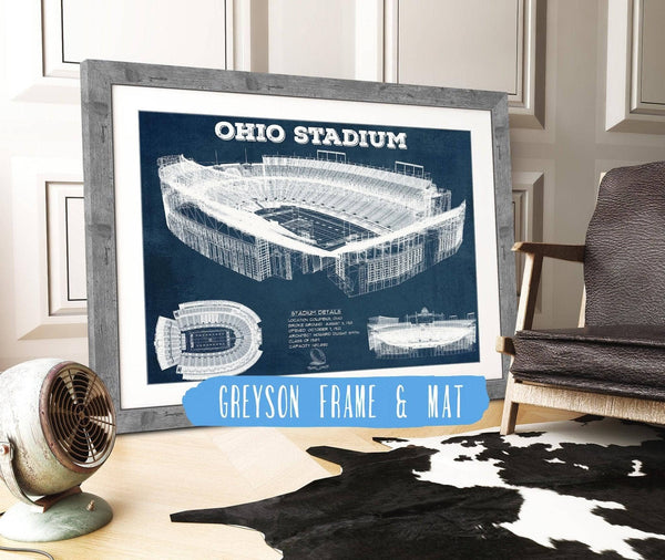 14" x 11" / Greyson Frame & Mat Cutler West Ohio State Buckeyes Art - Ohio Stadium Vintage Stadium Blueprint Art Print