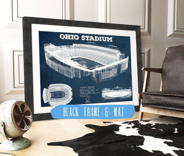 20" x 16" / Black Frame & Mat Cutler West Ohio State Buckeyes Art - Ohio Stadium Vintage Stadium Blueprint Art Print