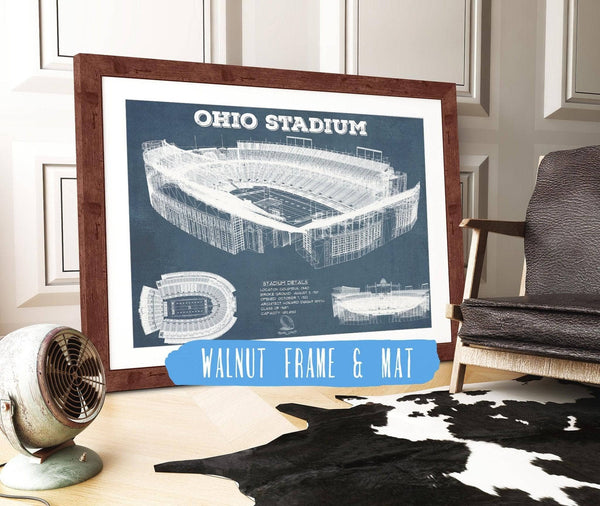 20" x 16" / Walnut Frame & Mat Cutler West Ohio State Buckeyes Art - Ohio Stadium Vintage Stadium Blueprint Art Print