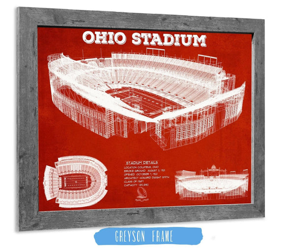 14" x 11" / Greyson Frame Cutler West Ohio State Buckeyes Art - Ohio Stadium Vintage Stadium Blueprint Art Team Print