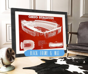 20" x 16" / Black Frame & Mat Cutler West Ohio State Buckeyes Art - Ohio Stadium Vintage Stadium Blueprint Art Team Print