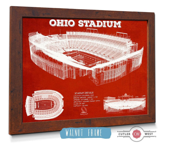 20" x 16" / Walnut Frame Cutler West Ohio State Buckeyes Art - Ohio Stadium Vintage Stadium Blueprint Art Team Print