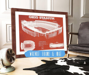 20" x 16" / Walnut Frame & Mat Cutler West Ohio State Buckeyes Art - Ohio Stadium Vintage Stadium Blueprint Art Team Print