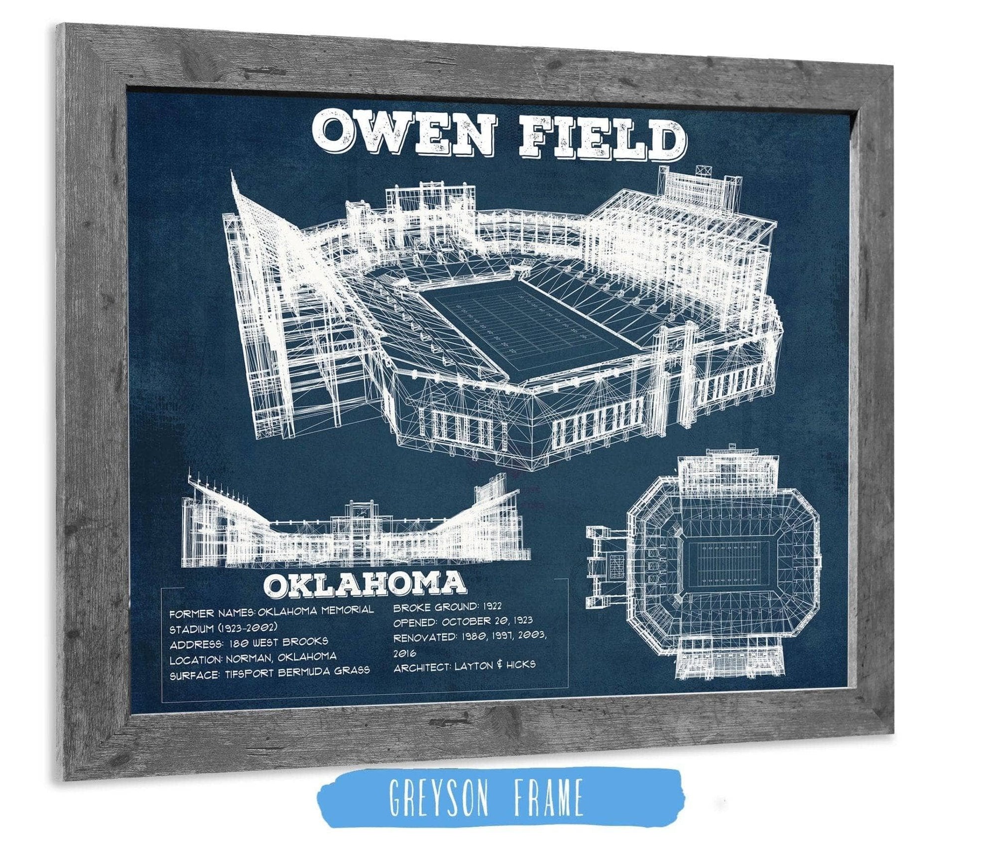 Cutler West College Football Collection 14" x 11" / Greyson Frame Oklahoma Sooners Football - Gaylord Family Oklahoma Memorial Vintage Stadium Blueprint Art Print 855060836_70170