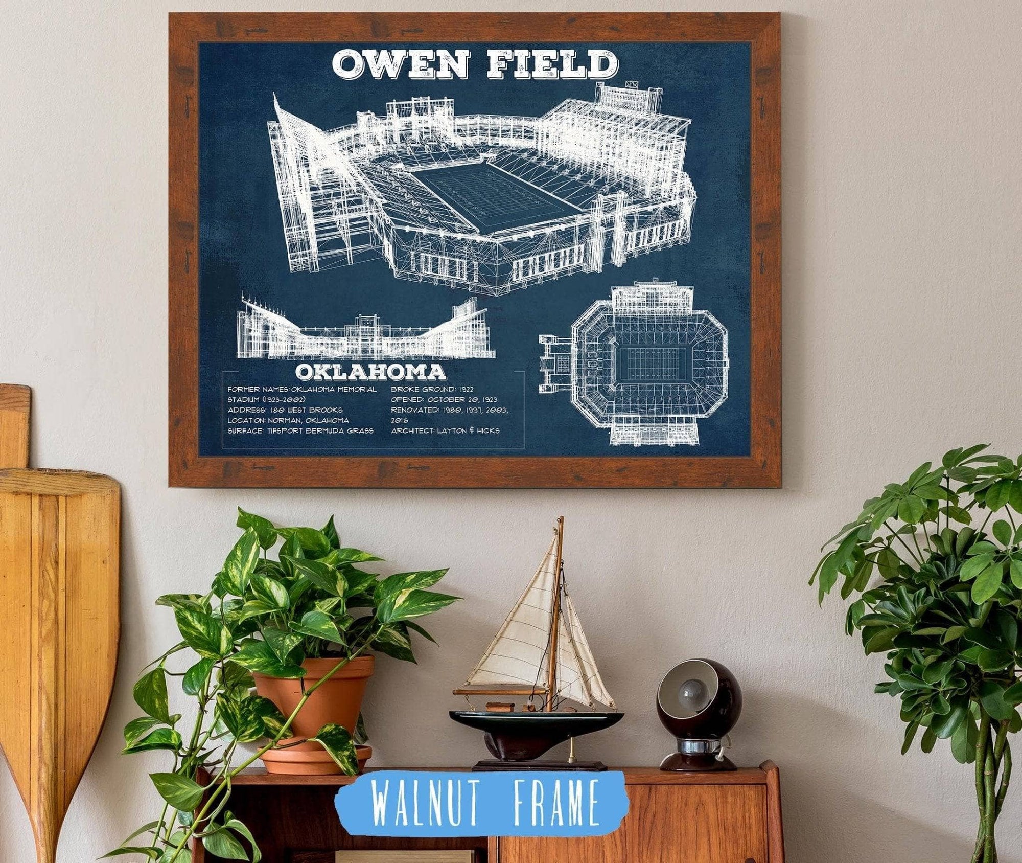 Cutler West College Football Collection Oklahoma Sooners Football - Gaylord Family Oklahoma Memorial Vintage Stadium Blueprint Art Print