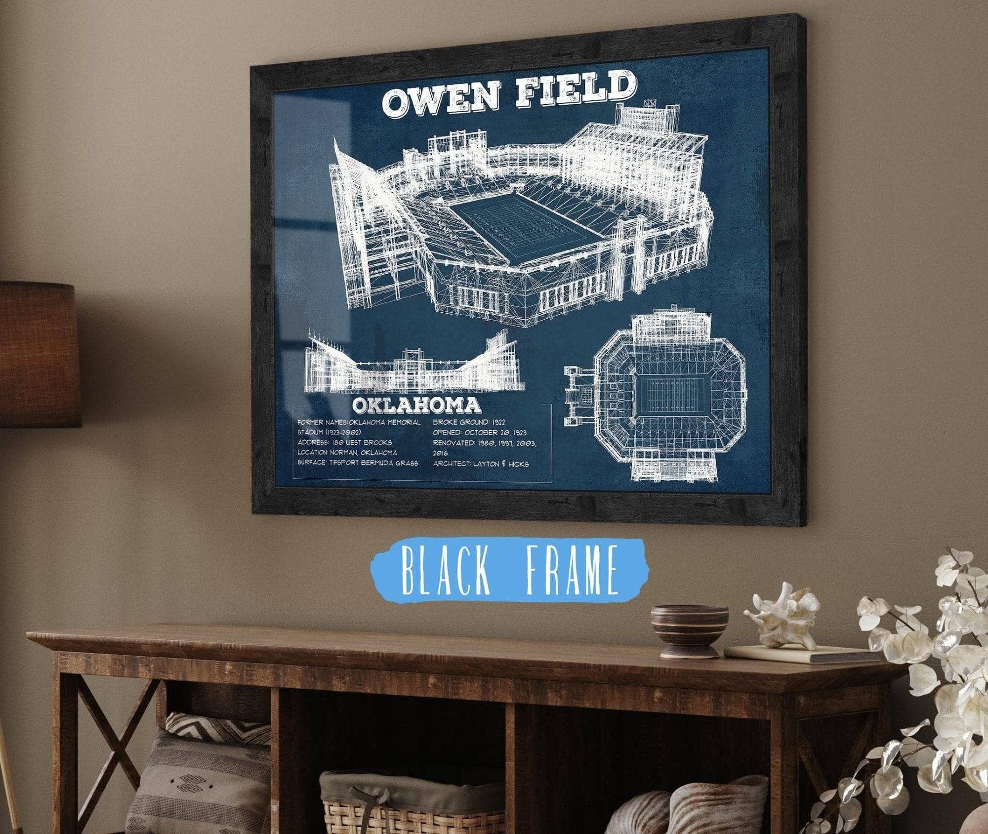 Cutler West College Football Collection 14" x 11" / Black Frame Oklahoma Sooners Football - Gaylord Family Oklahoma Memorial Vintage Stadium Blueprint Art Print 855060836_70164