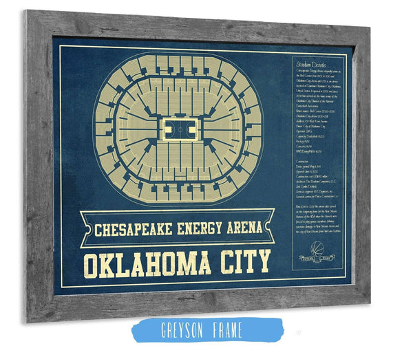 14" x 11" / Greyson Frame Cutler West Oklahoma City Thunder - Chesapeake Energy Arena Vintage Basketball Blueprint NBA Print