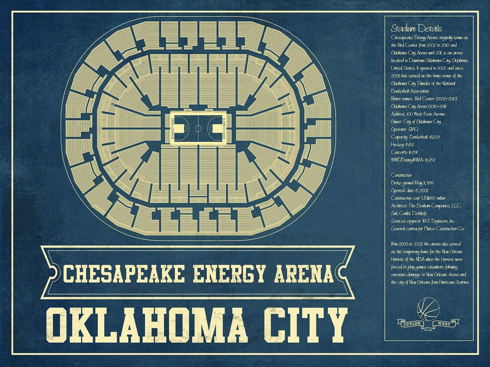 14" x 11" / Stretched Canvas Wrap Cutler West Oklahoma City Thunder - Chesapeake Energy Arena Vintage Basketball Blueprint NBA Print