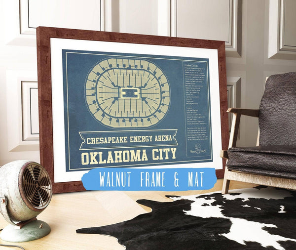 14" x 11" / Walnut Frame Mat Cutler West Oklahoma City Thunder - Chesapeake Energy Arena Vintage Basketball Blueprint NBA Print