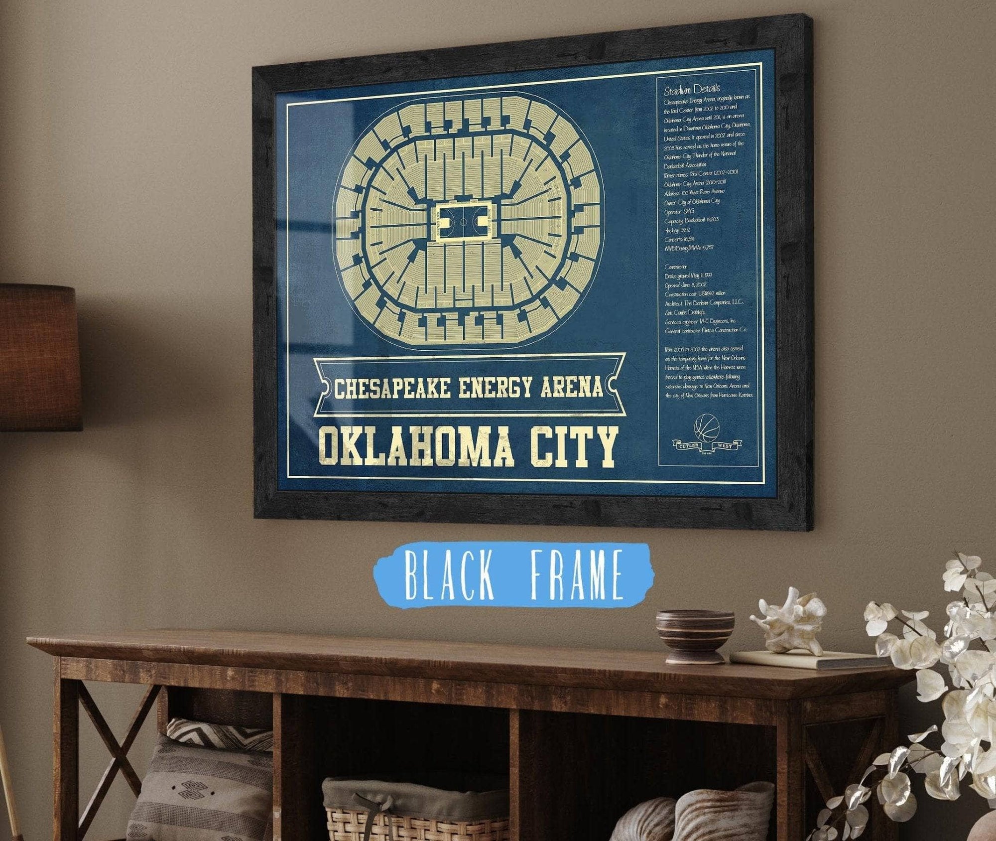 Cutler West Basketball Collection 14" x 11" / Black Frame Oklahoma City Thunder - Chesapeake Energy Arena Vintage Basketball Blueprint NBA Print 661241716_77224