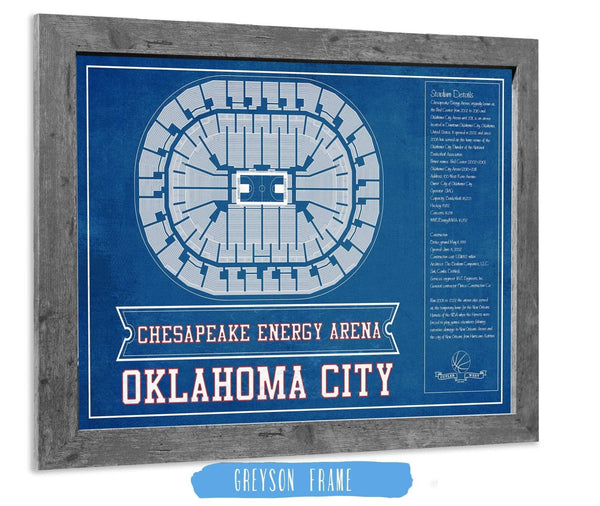 14" x 11" / Greyson Frame Cutler West Oklahoma City Thunder - Chesapeake Energy Arena Vintage Basketball Blueprint NBA Team Color Print
