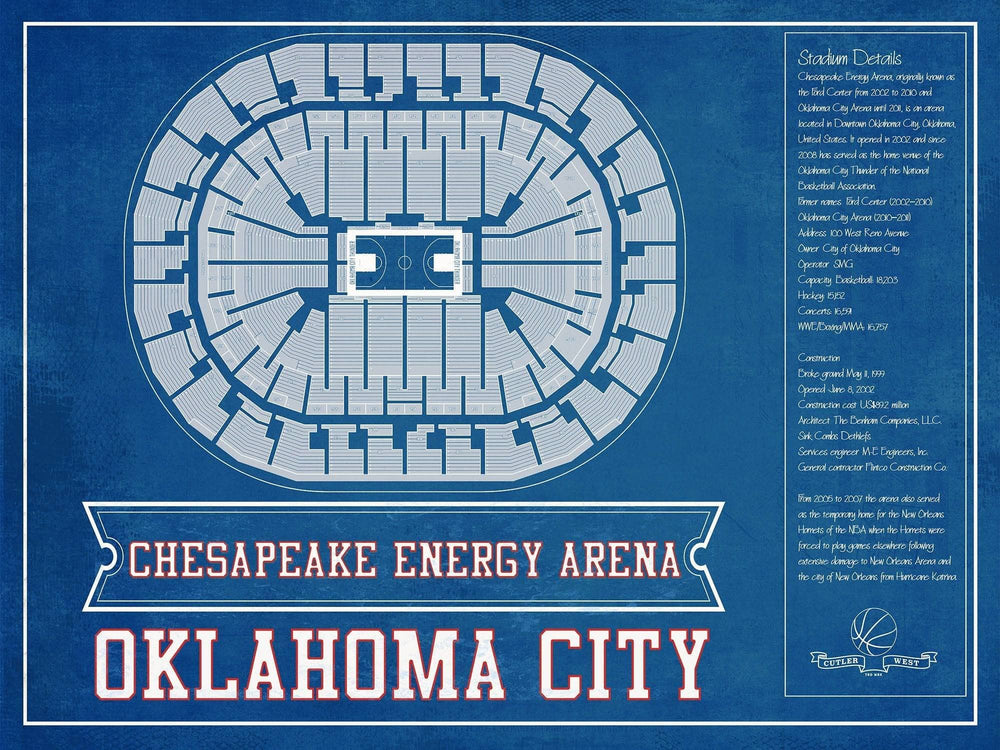 14" x 11" / Stretched Canvas Wrap Cutler West Oklahoma City Thunder - Chesapeake Energy Arena Vintage Basketball Blueprint NBA Team Color Print