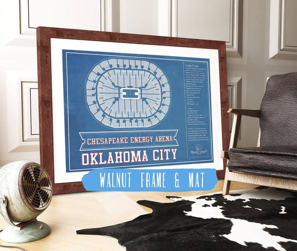 14" x 11" / Walnut Frame Mat Cutler West Oklahoma City Thunder - Chesapeake Energy Arena Vintage Basketball Blueprint NBA Team Color Print