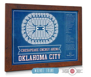 20" x 16" / Walnut Frame Cutler West Oklahoma City Thunder - Chesapeake Energy Arena Vintage Basketball Blueprint NBA Team Color Print