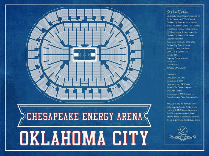 Cutler West Basketball Collection 14" x 11" / Unframed Oklahoma City Thunder - Chesapeake Energy Arena Vintage Basketball Blueprint NBA Team Color Print 661241716-TEAM_77157