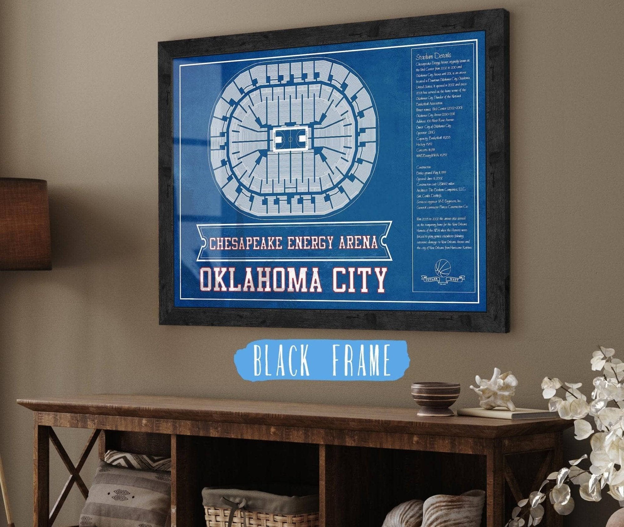 Cutler West Basketball Collection 14" x 11" / Black Frame Oklahoma City Thunder - Chesapeake Energy Arena Vintage Basketball Blueprint NBA Team Color Print 661241716-TEAM_77158